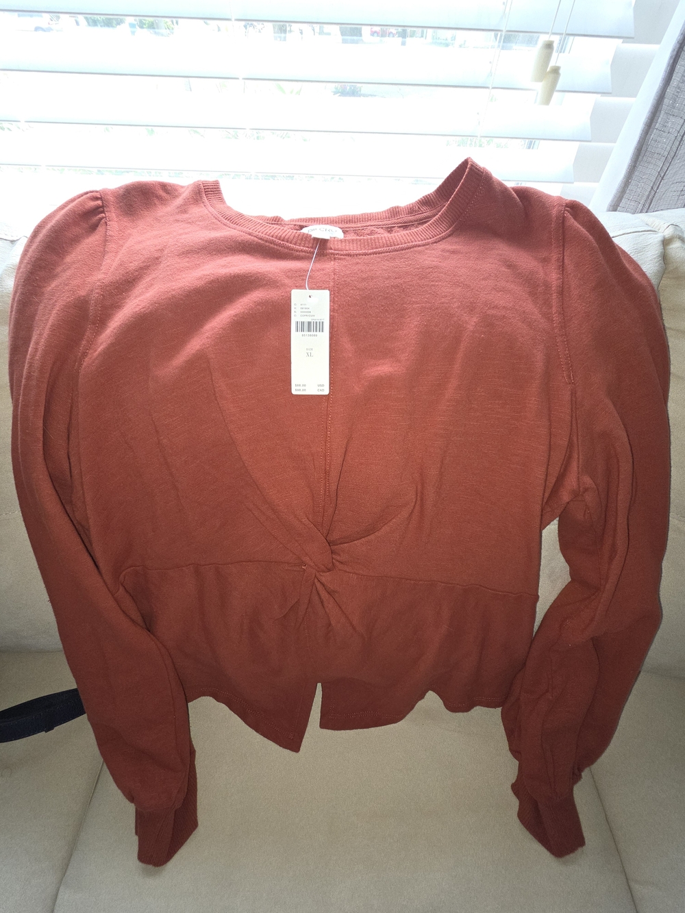 Pilcro Rust Knot-Front Puff Sleeve Top